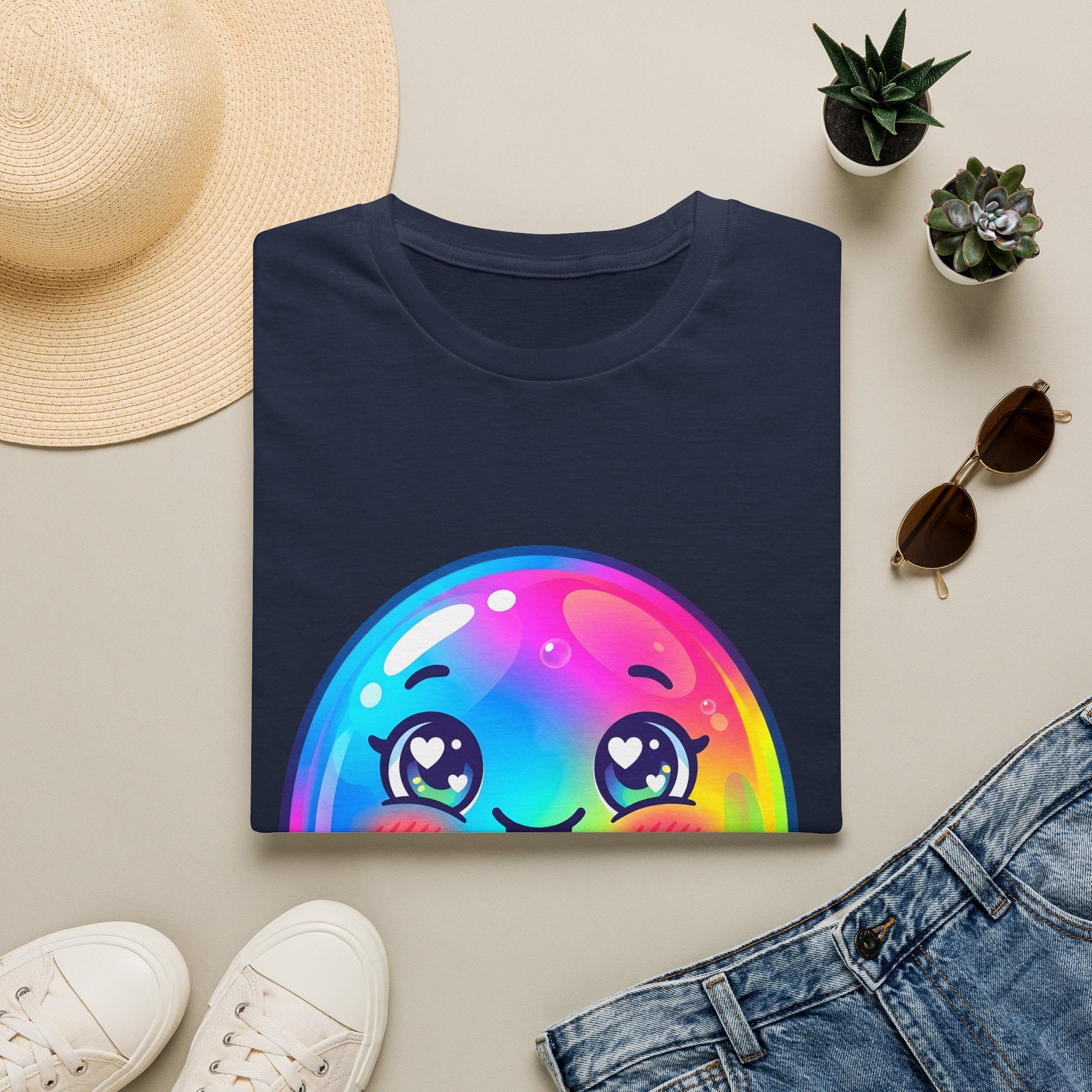 Unisex Kawaii T-Shirt - Happy Rainbow Blob Character Tee