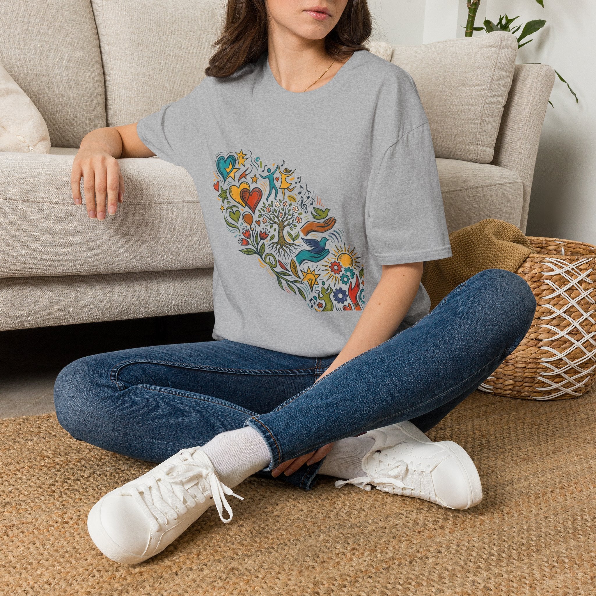 Unisex T-Shirt - Groovy Folk Art Love & Peace | Vibrant Community
