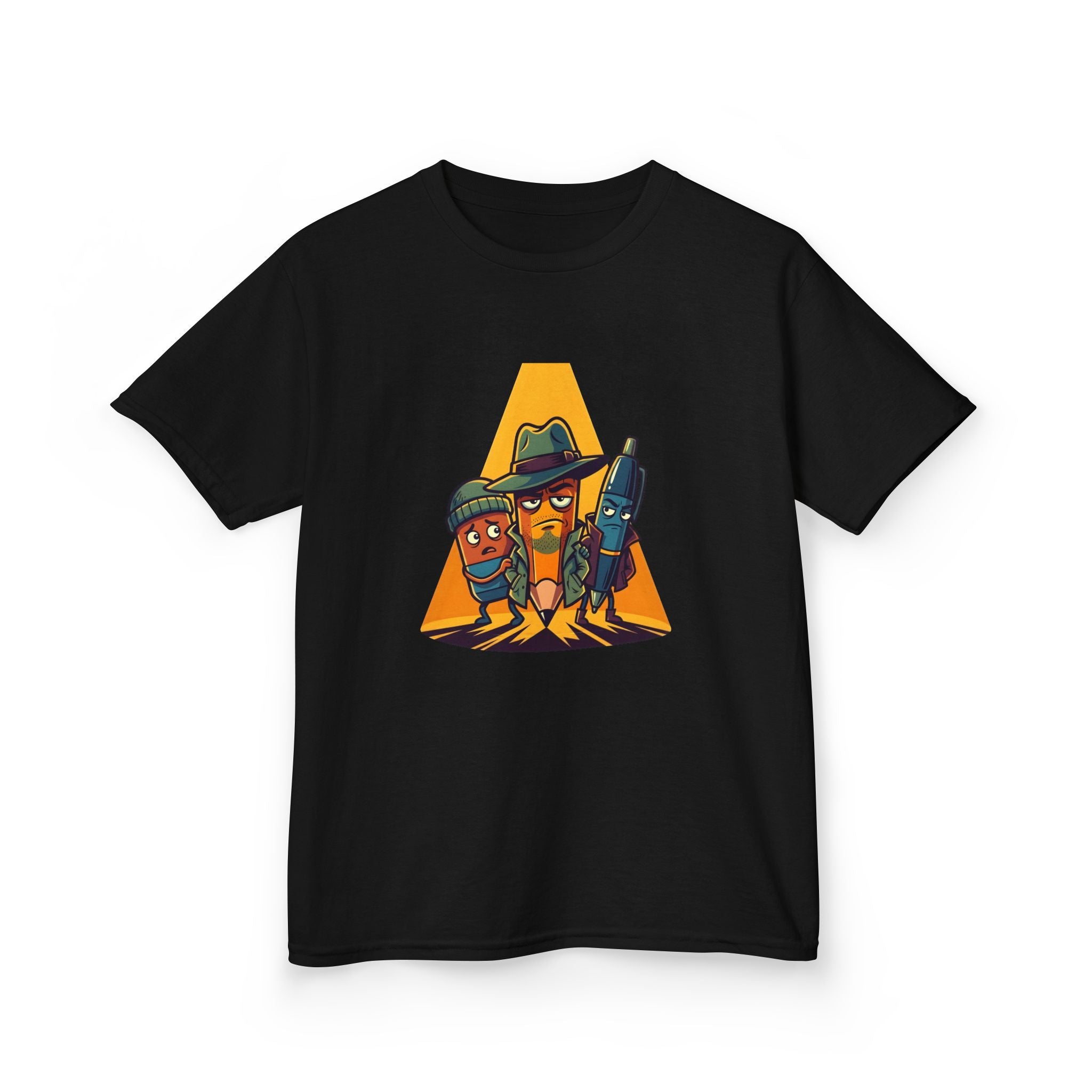 Kids Tee - Noir Stationery Detective Team | Cartoon Comic Style