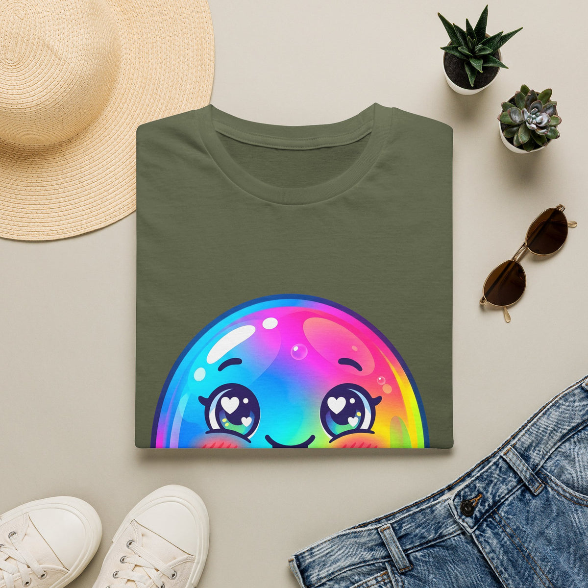 Unisex Kawaii T-Shirt - Happy Rainbow Blob Character Tee
