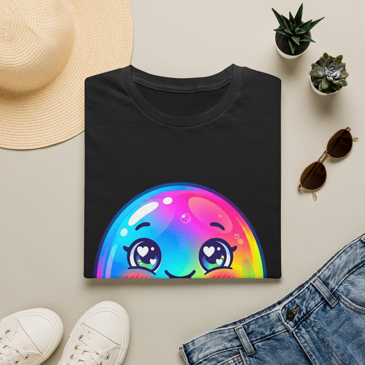 Unisex Kawaii T-Shirt - Happy Rainbow Blob Character Tee