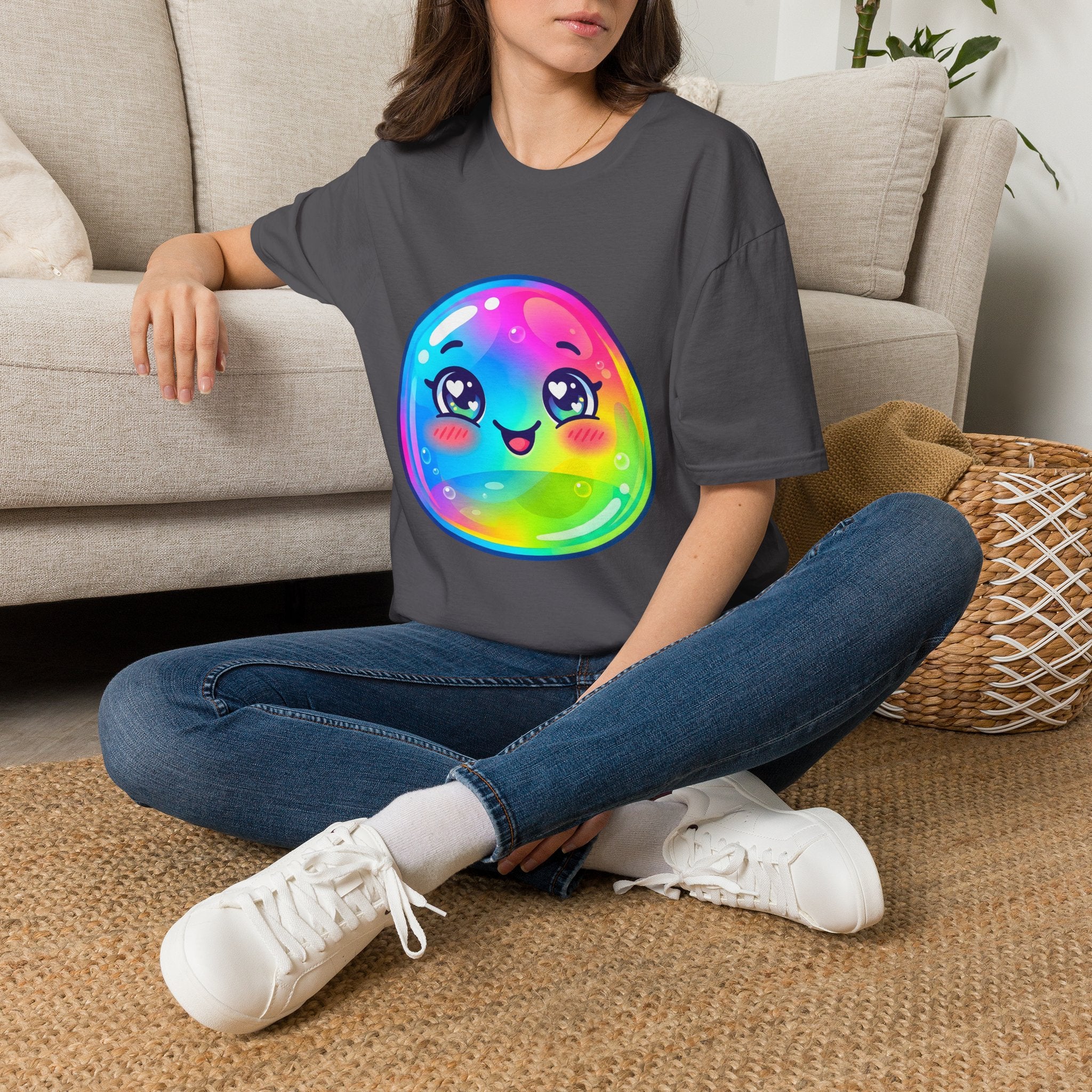 Unisex Kawaii T-Shirt - Happy Rainbow Blob Character Tee