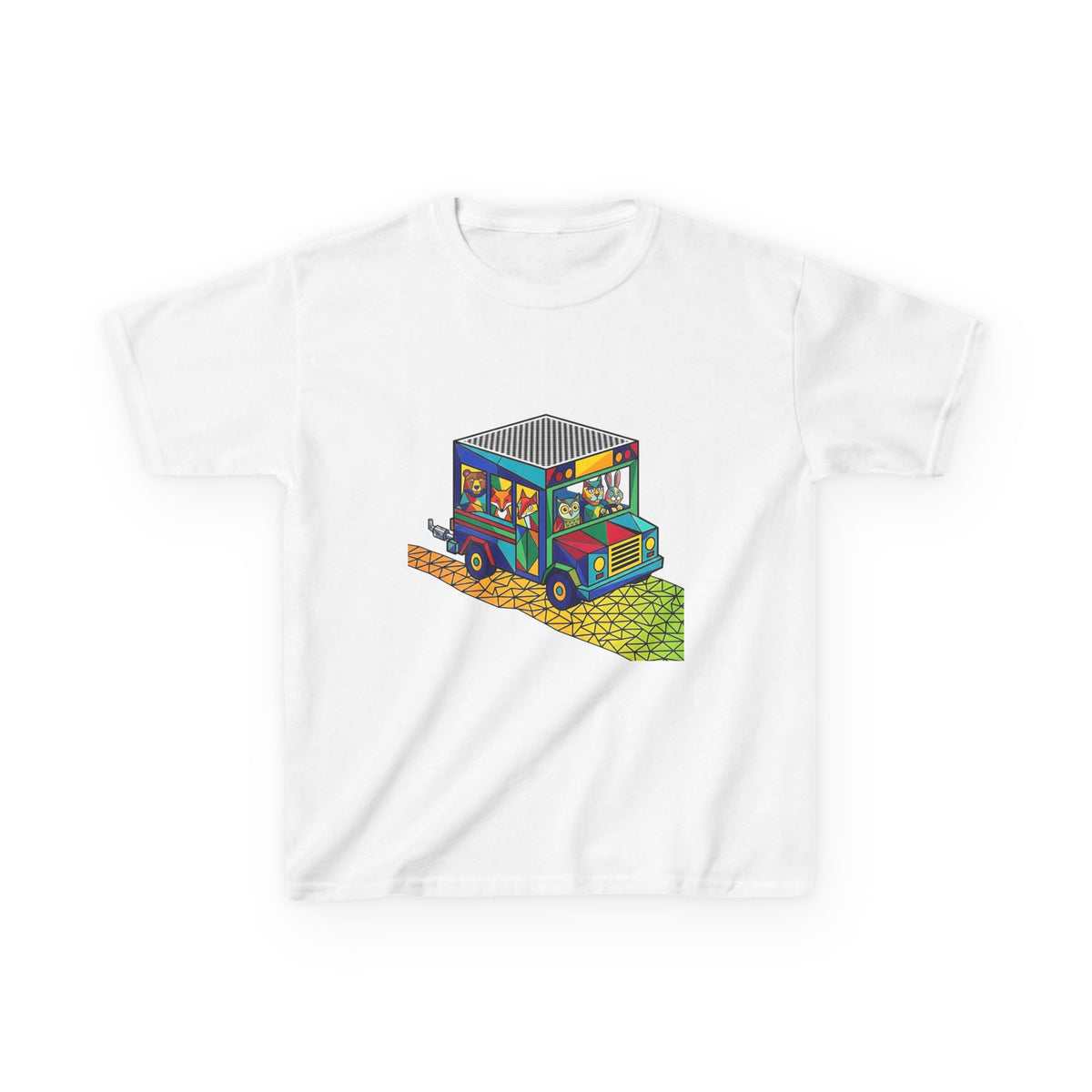 Kids T-Shirt - Vibrant Geometric Animal Bus Adventure