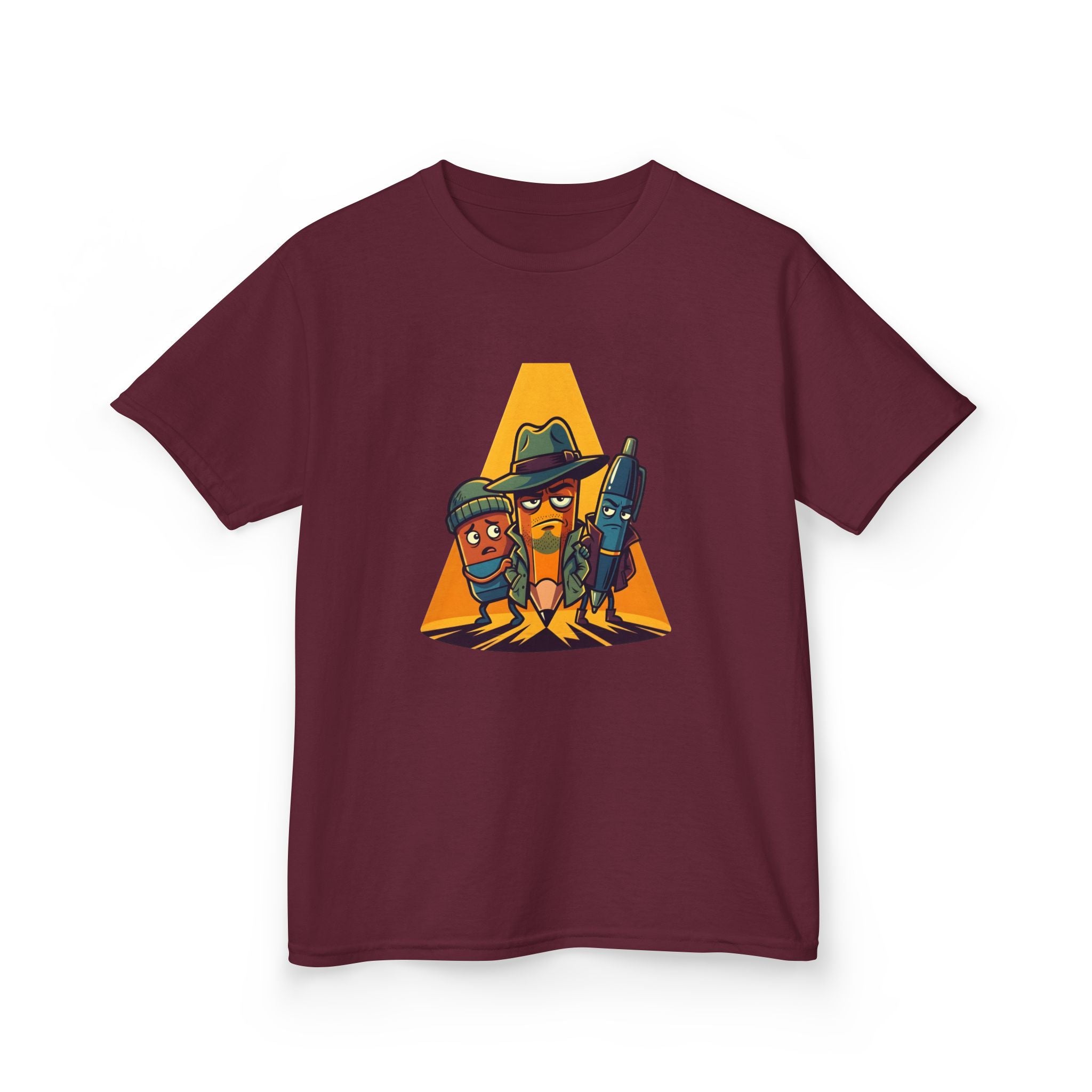 Kids Tee - Noir Stationery Detective Team | Cartoon Comic Style