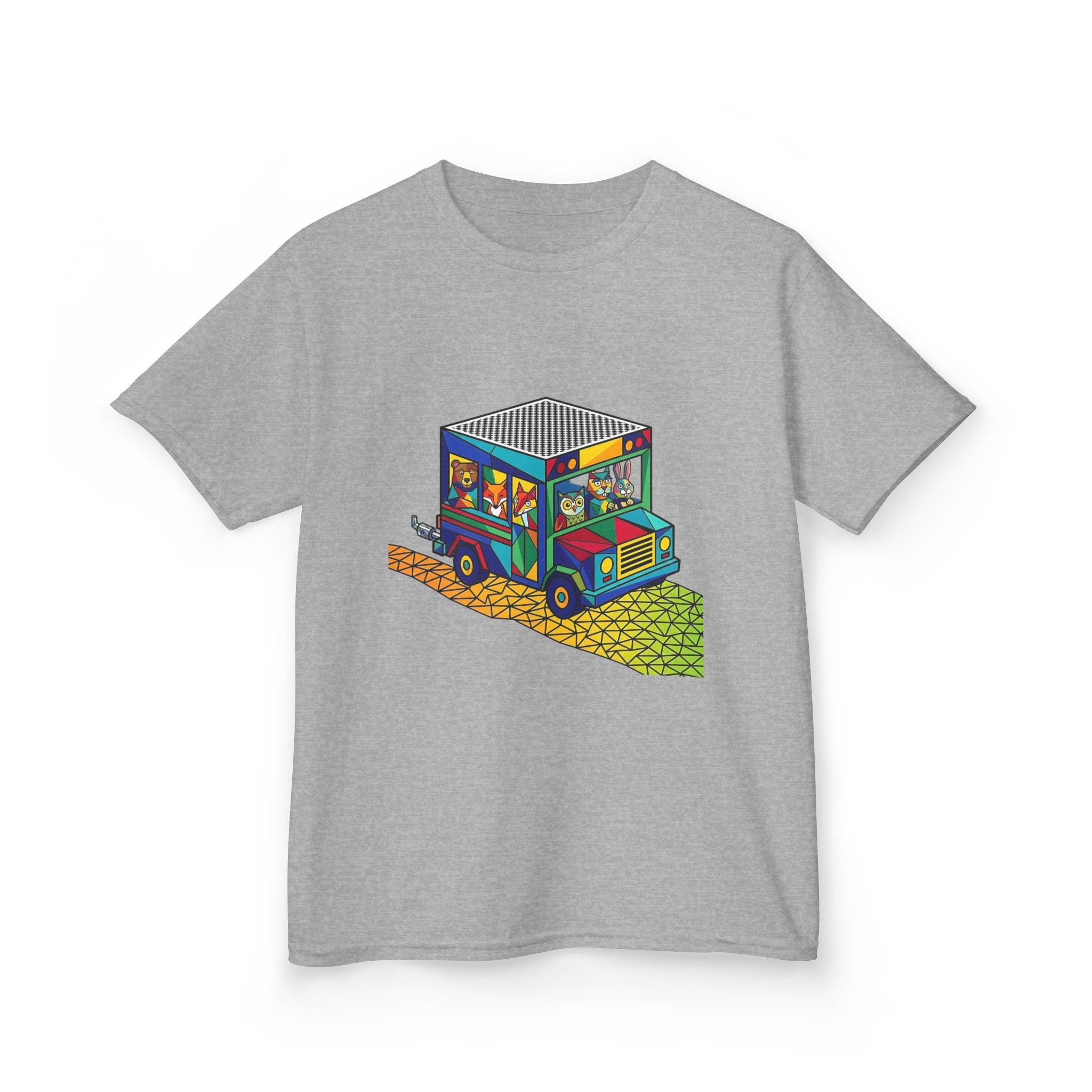 Kids T-Shirt - Vibrant Geometric Animal Bus Adventure