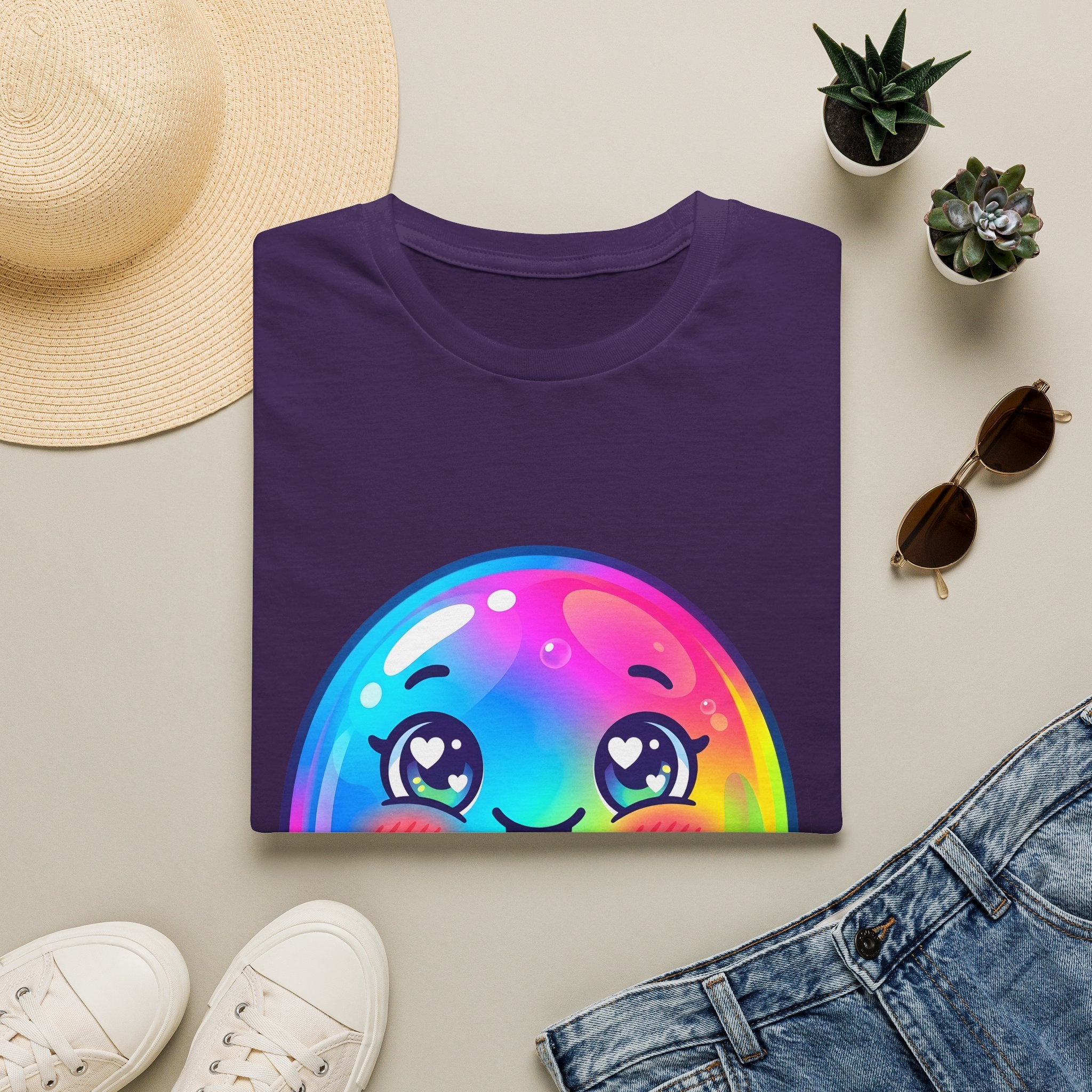Unisex Kawaii T-Shirt - Happy Rainbow Blob Character Tee