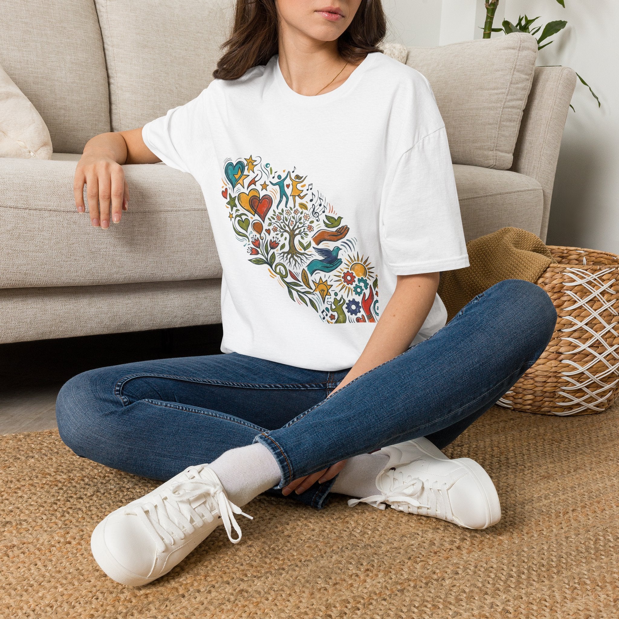 Unisex T-Shirt - Groovy Folk Art Love & Peace | Vibrant Community
