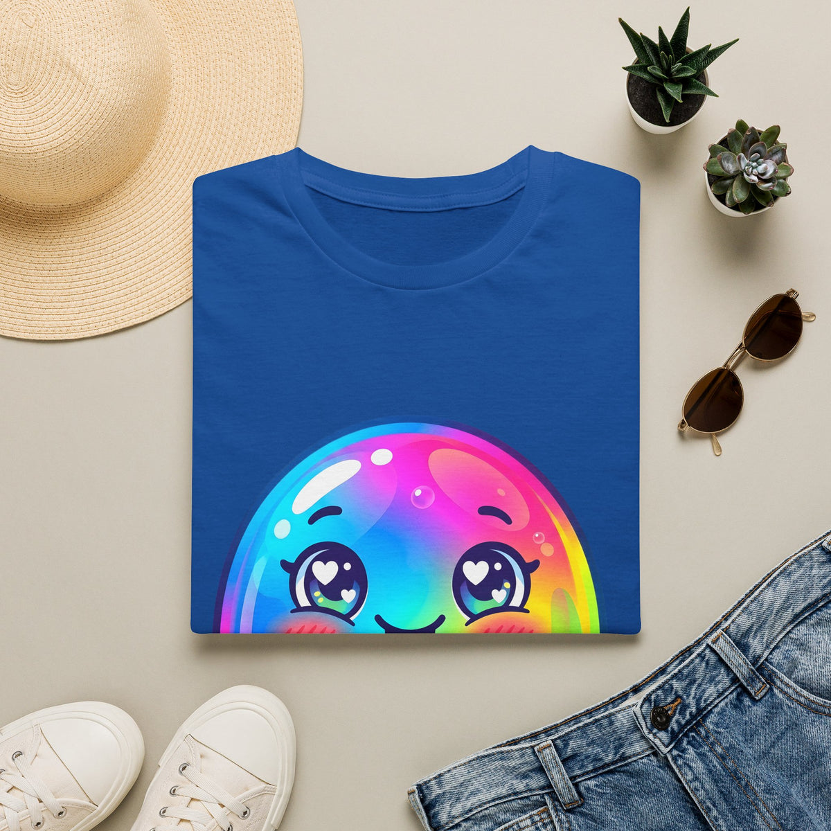 Unisex Kawaii T-Shirt - Happy Rainbow Blob Character Tee