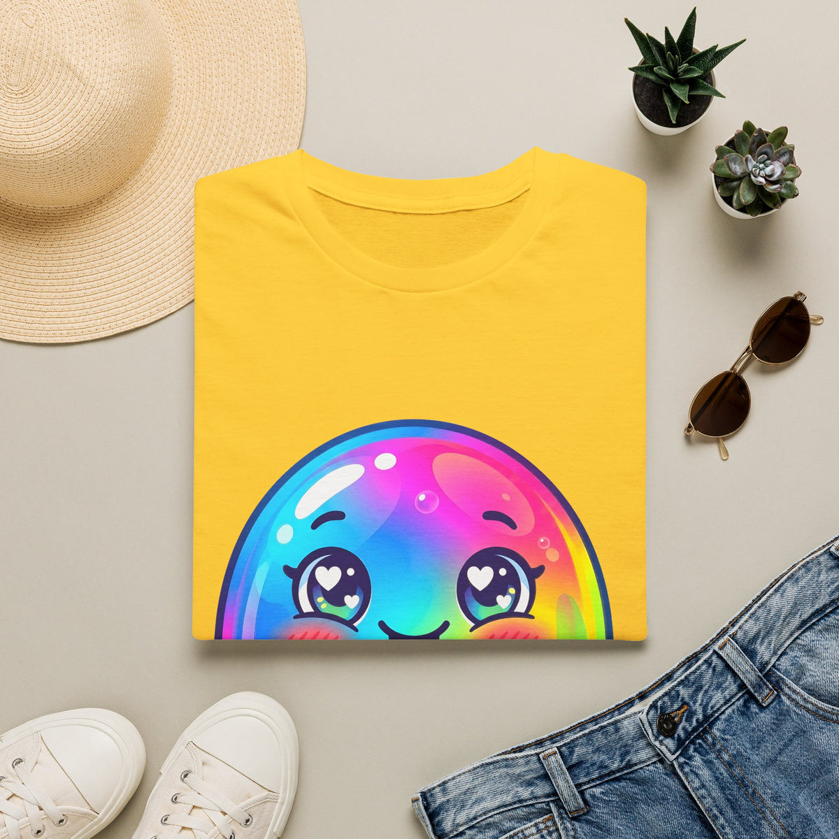 Unisex Kawaii T-Shirt - Happy Rainbow Blob Character Tee