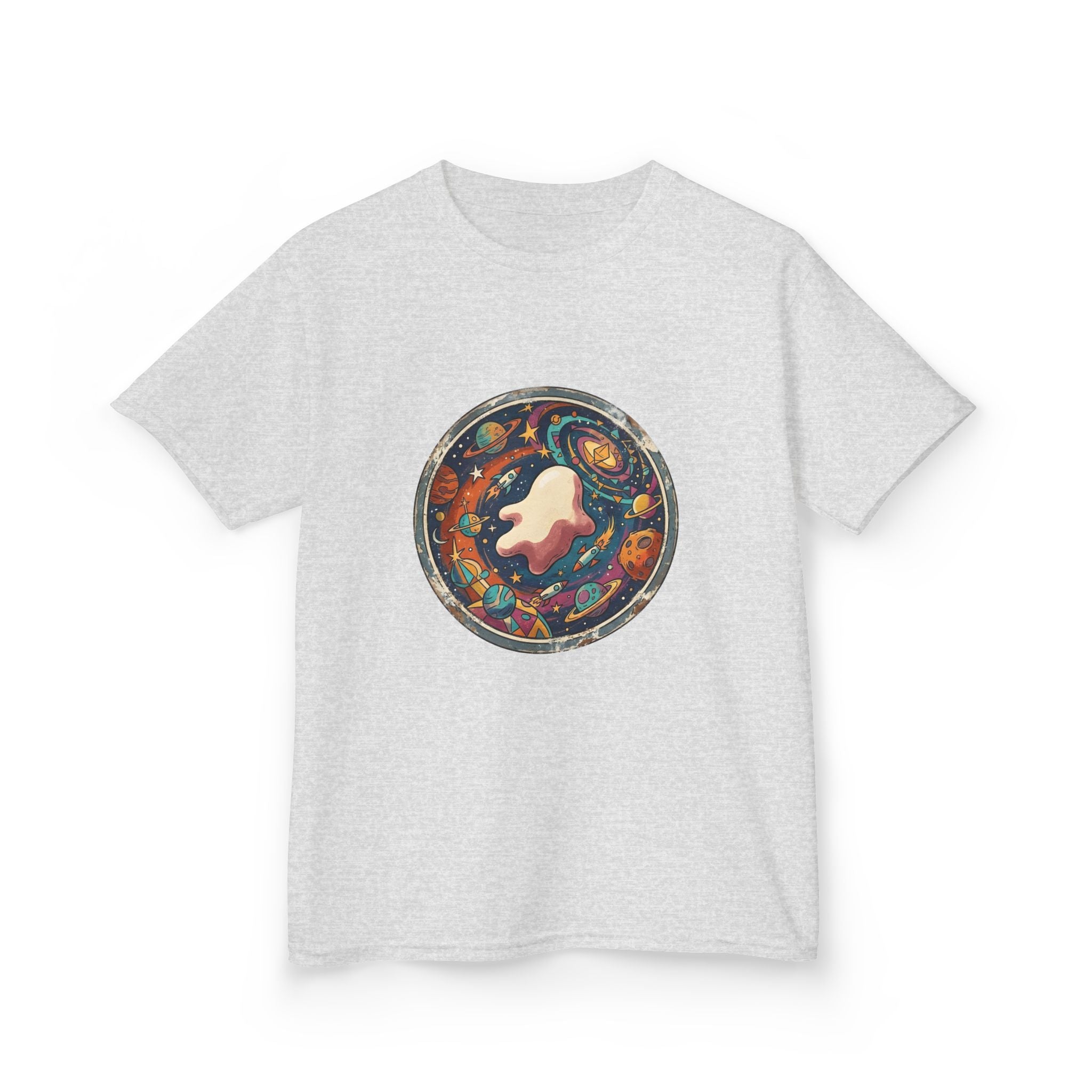 Kids T-Shirt - Whimsical Space Ghost & Planets | Retro Adventure