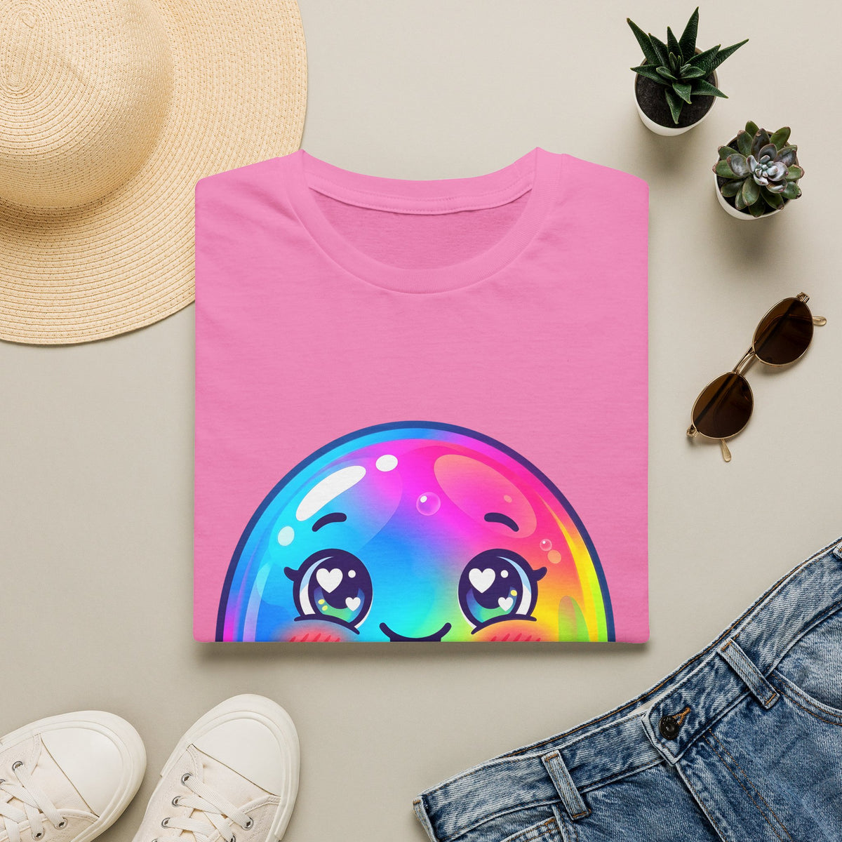 Unisex Kawaii T-Shirt - Happy Rainbow Blob Character Tee