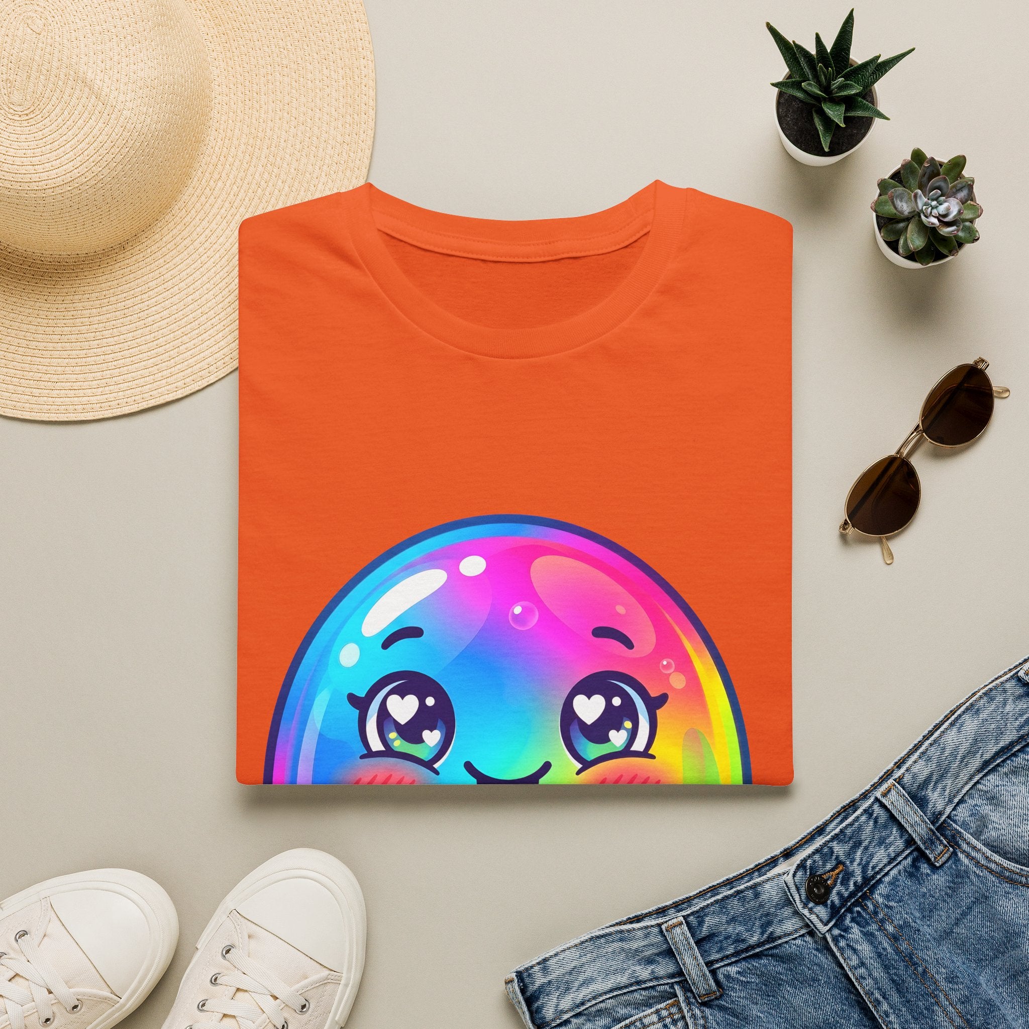 Unisex Kawaii T-Shirt - Happy Rainbow Blob Character Tee