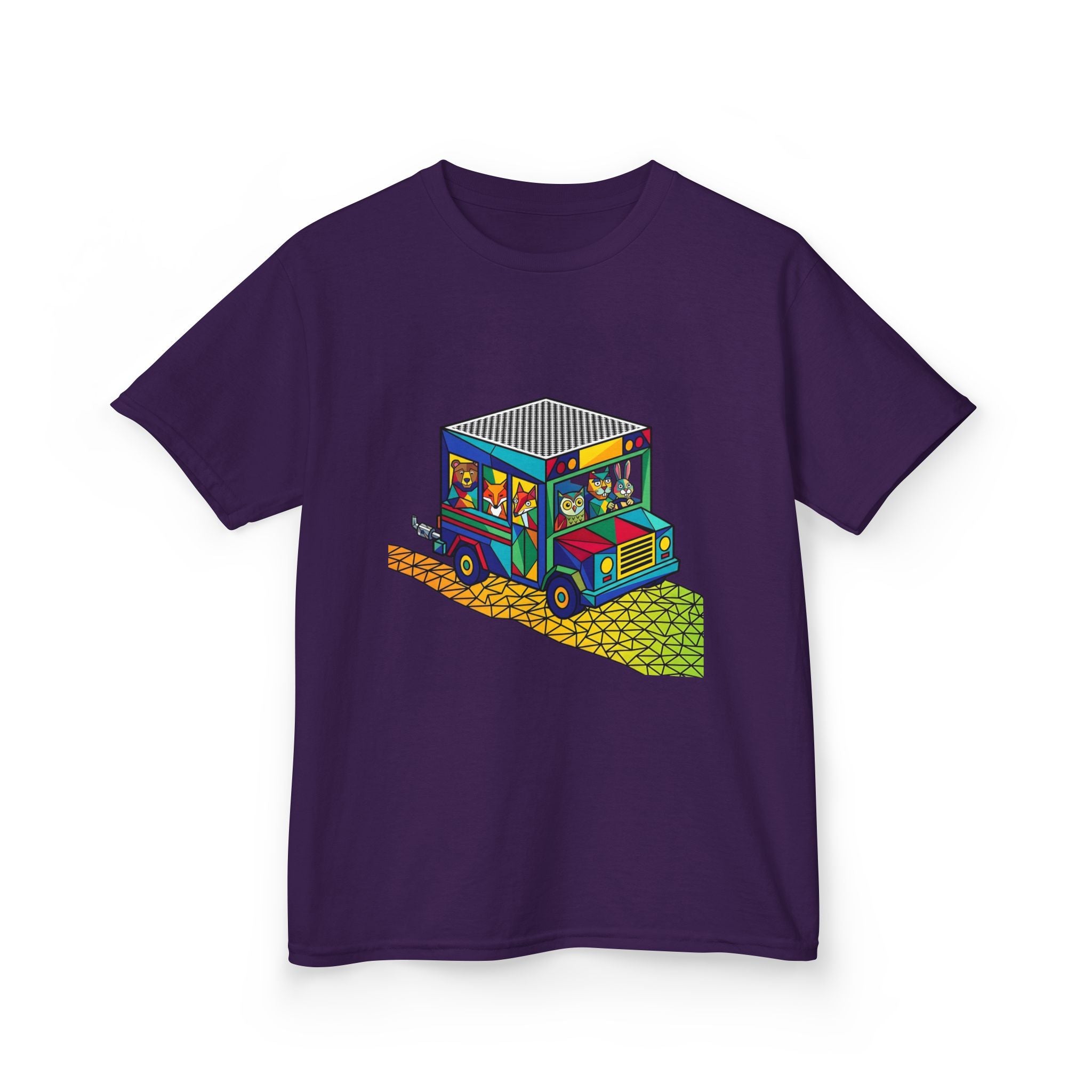 Kids T-Shirt - Vibrant Geometric Animal Bus Adventure