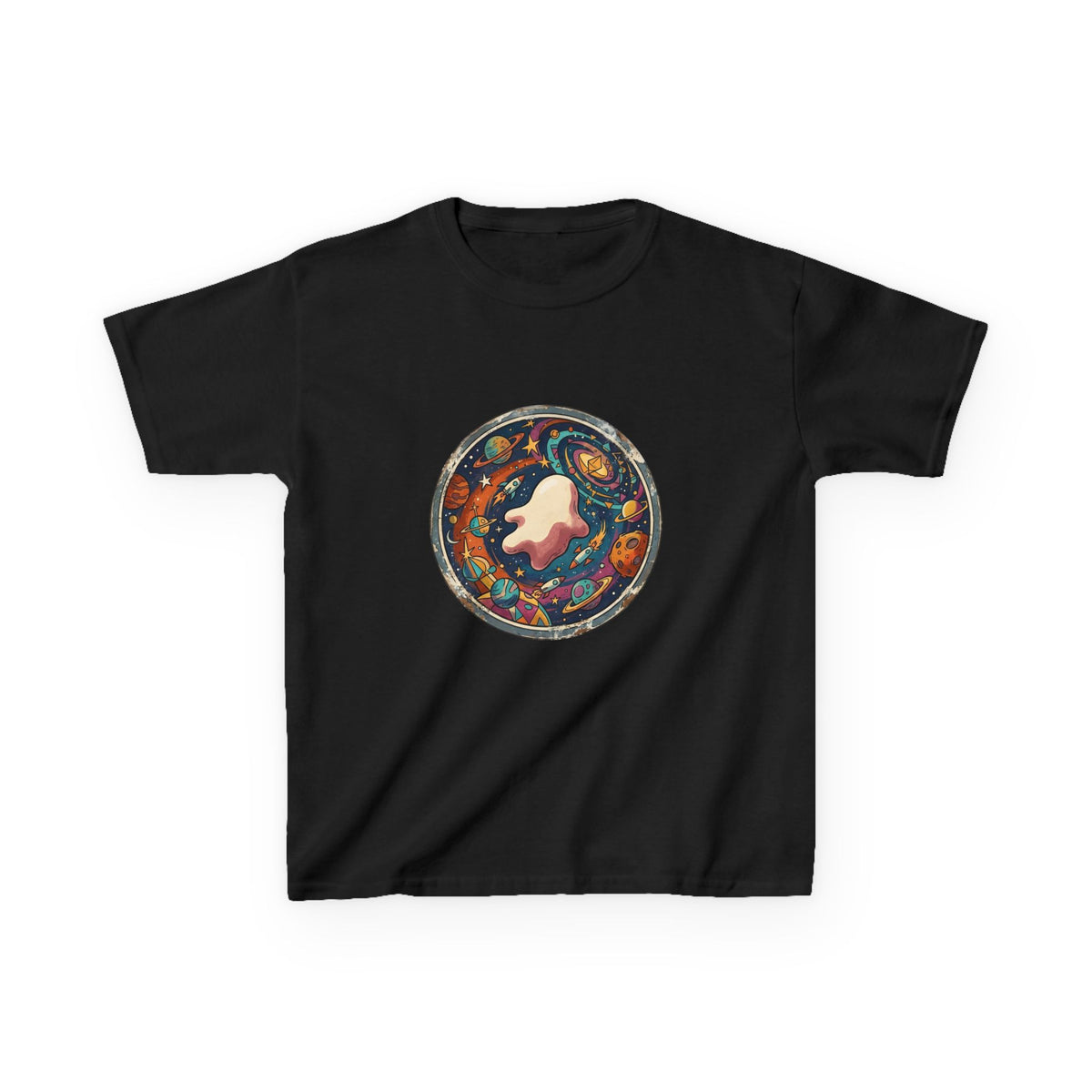 Kids T-Shirt - Whimsical Space Ghost & Planets | Retro Adventure