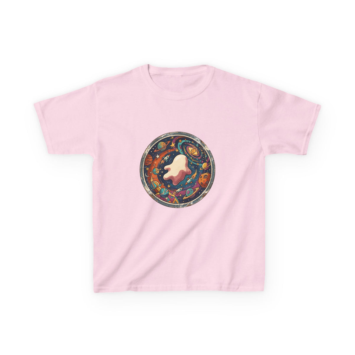 Kids T-Shirt - Whimsical Space Ghost & Planets | Retro Adventure