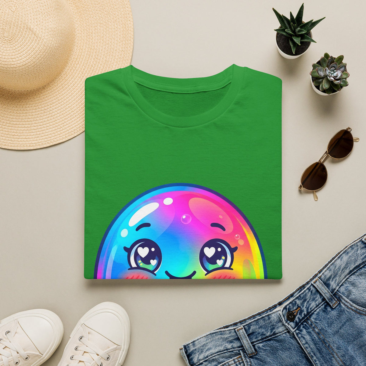 Unisex Kawaii T-Shirt - Happy Rainbow Blob Character Tee