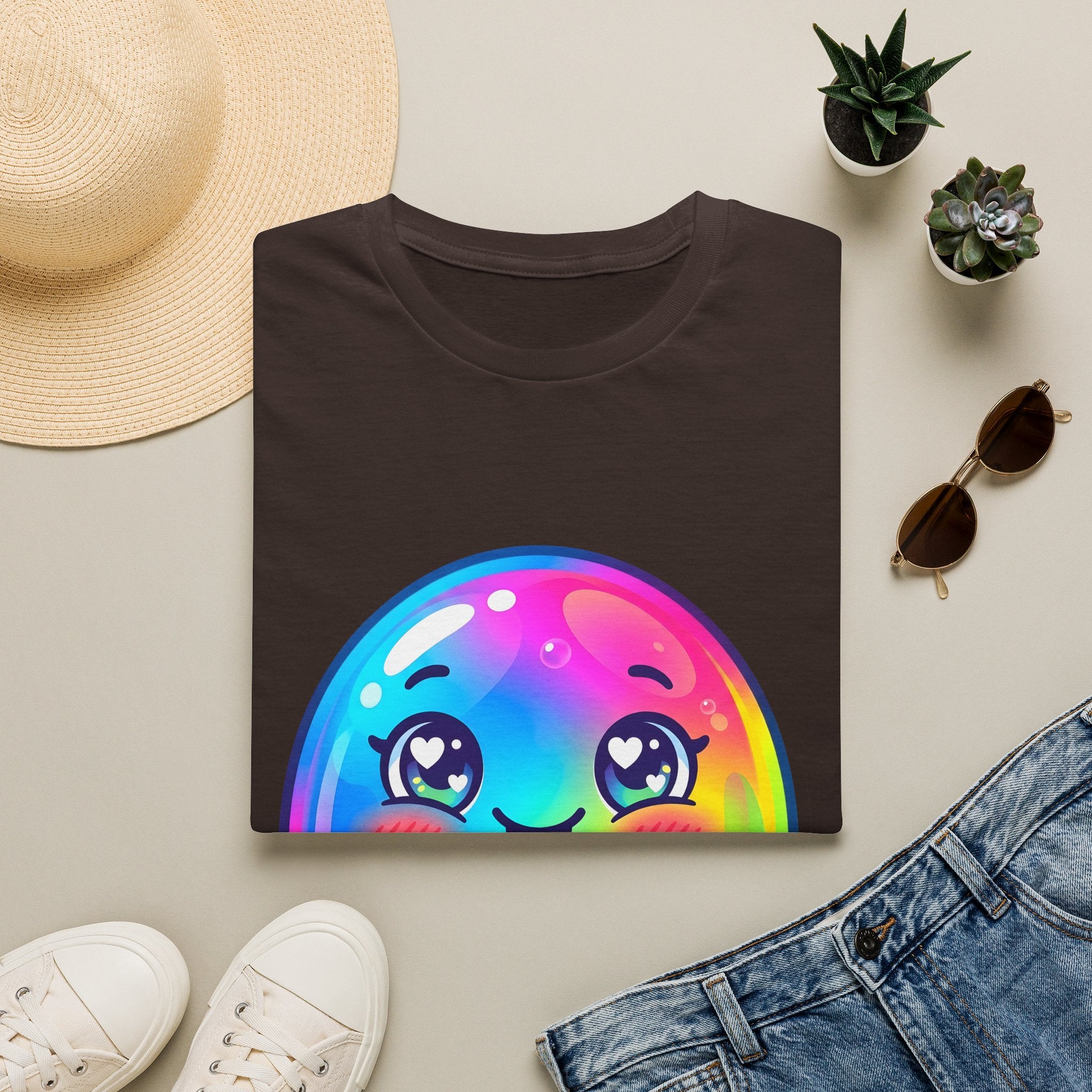 Unisex Kawaii T-Shirt - Happy Rainbow Blob Character Tee