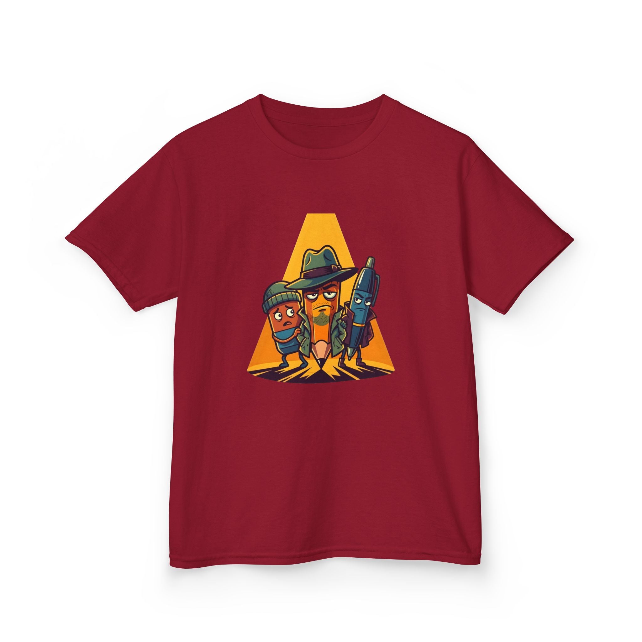 Kids Tee - Noir Stationery Detective Team | Cartoon Comic Style
