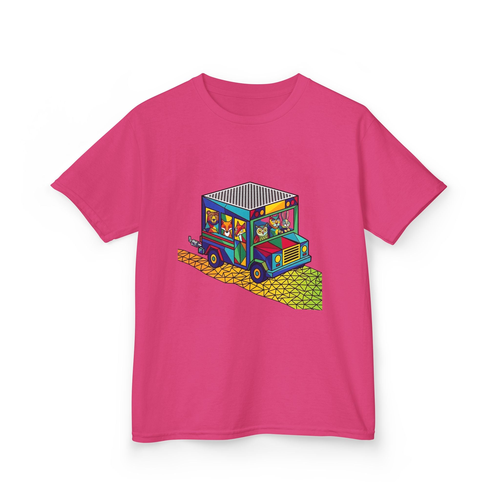 Kids T-Shirt - Vibrant Geometric Animal Bus Adventure