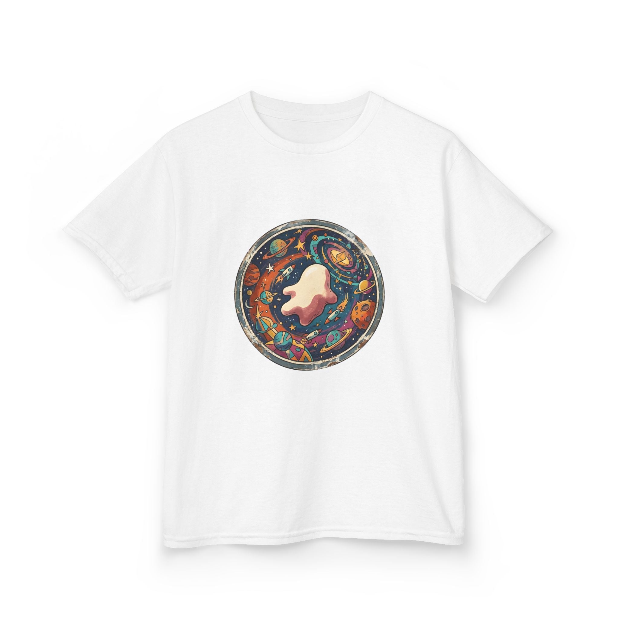 Kids T-Shirt - Whimsical Space Ghost & Planets | Retro Adventure