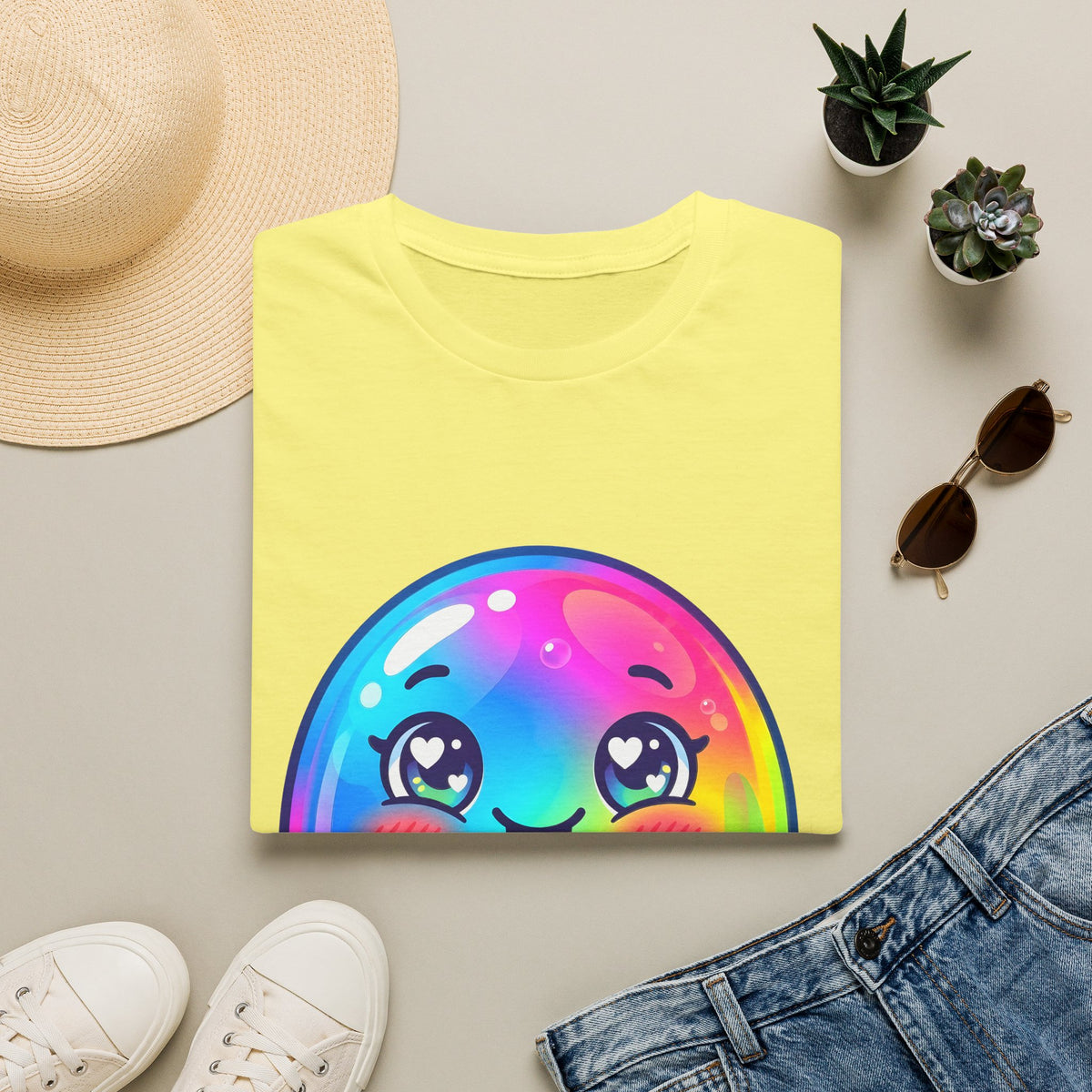 Unisex Kawaii T-Shirt - Happy Rainbow Blob Character Tee
