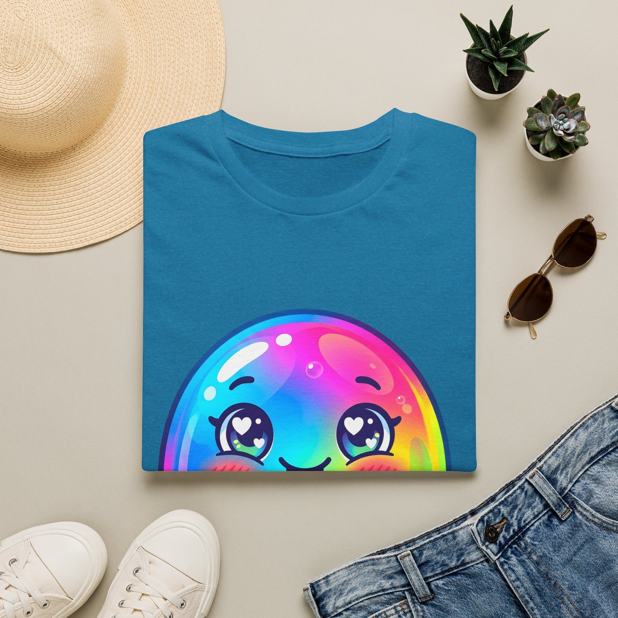 Unisex Kawaii T-Shirt - Happy Rainbow Blob Character Tee