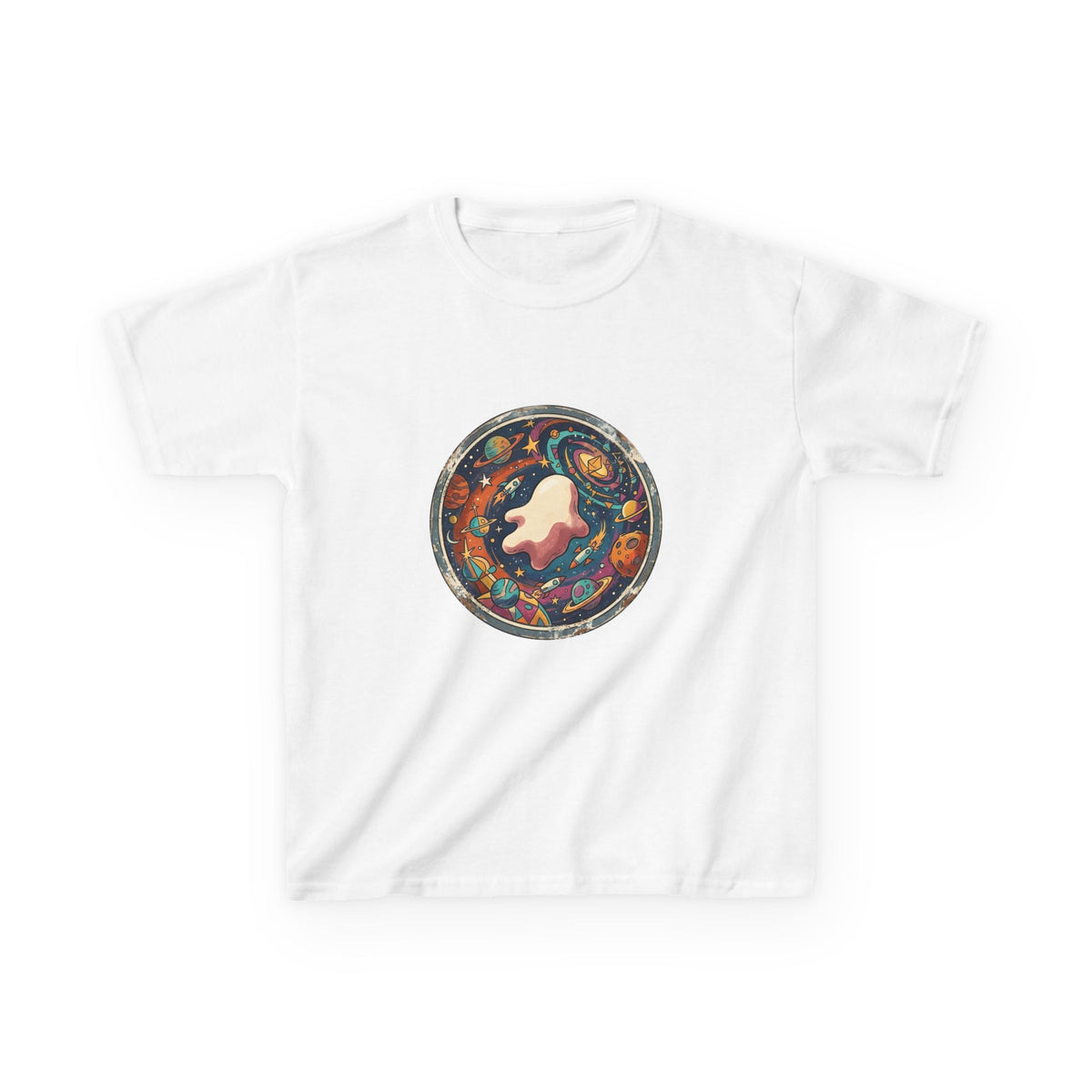 Kids T-Shirt - Whimsical Space Ghost & Planets | Retro Adventure