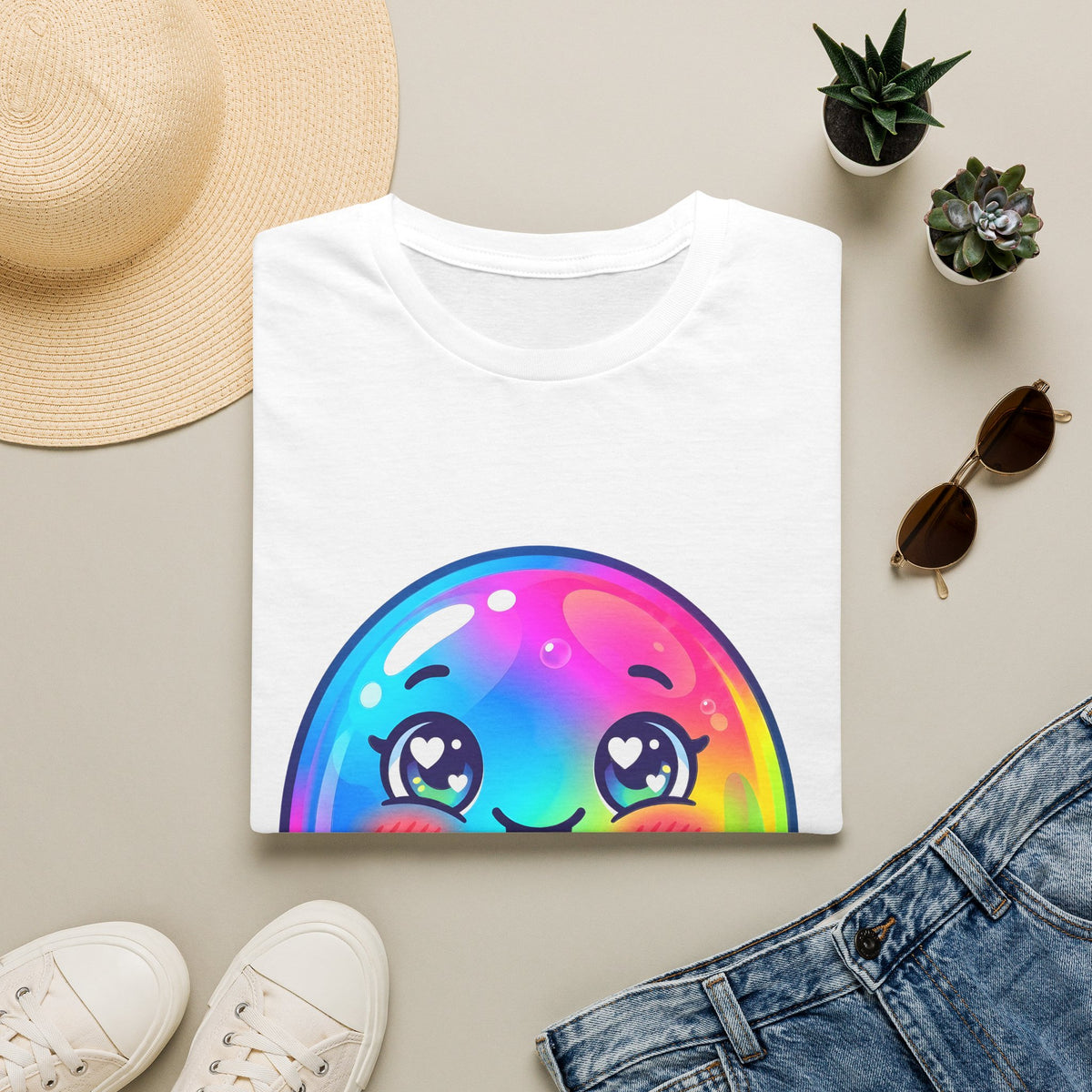 Unisex Kawaii T-Shirt - Happy Rainbow Blob Character Tee