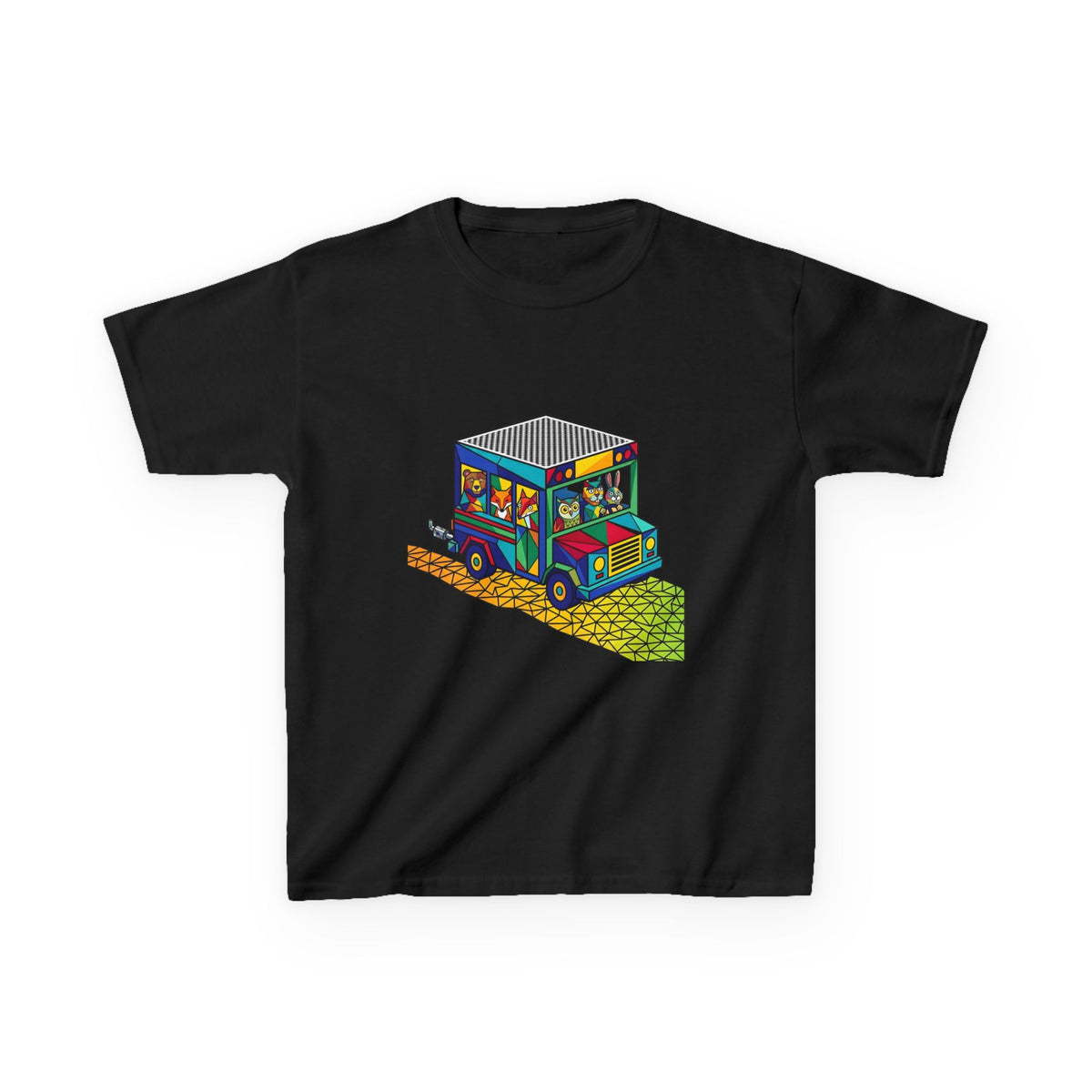 Kids T-Shirt - Vibrant Geometric Animal Bus Adventure