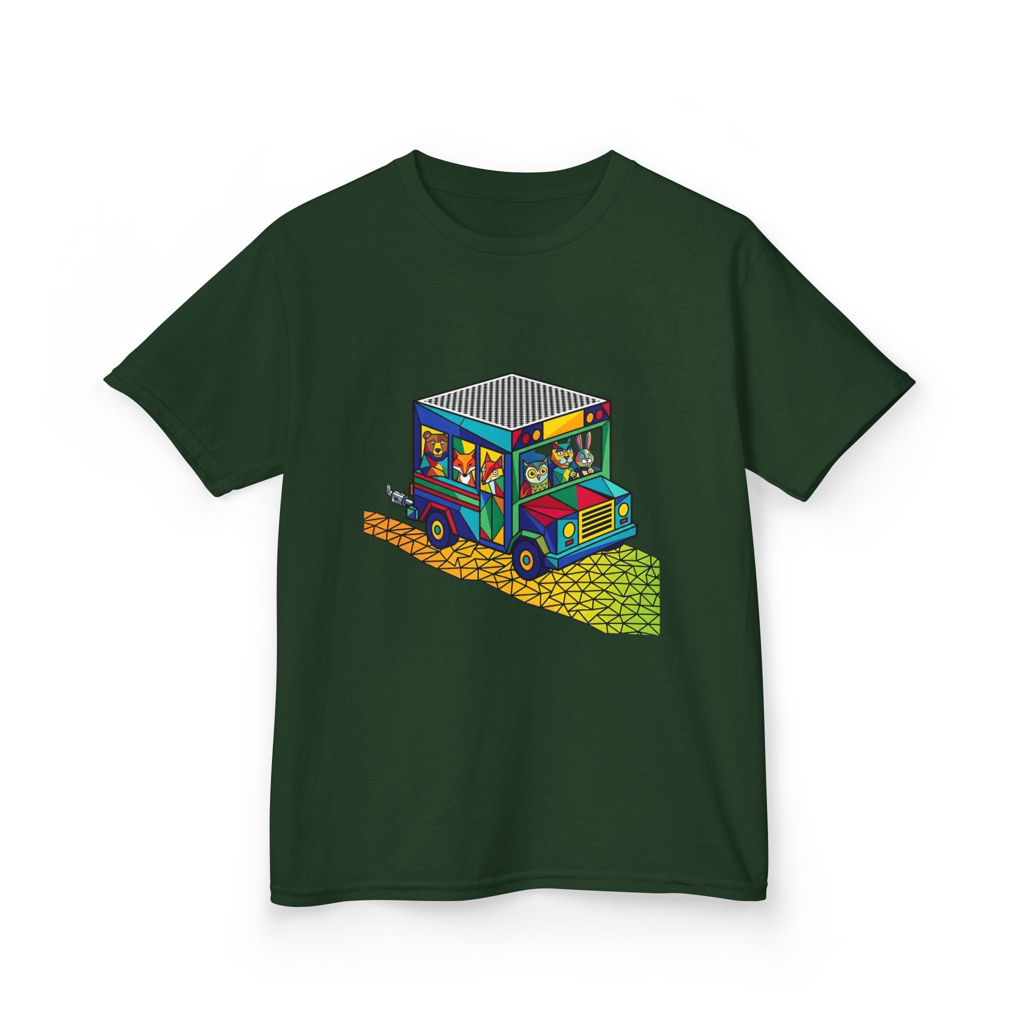 Kids T-Shirt - Vibrant Geometric Animal Bus Adventure