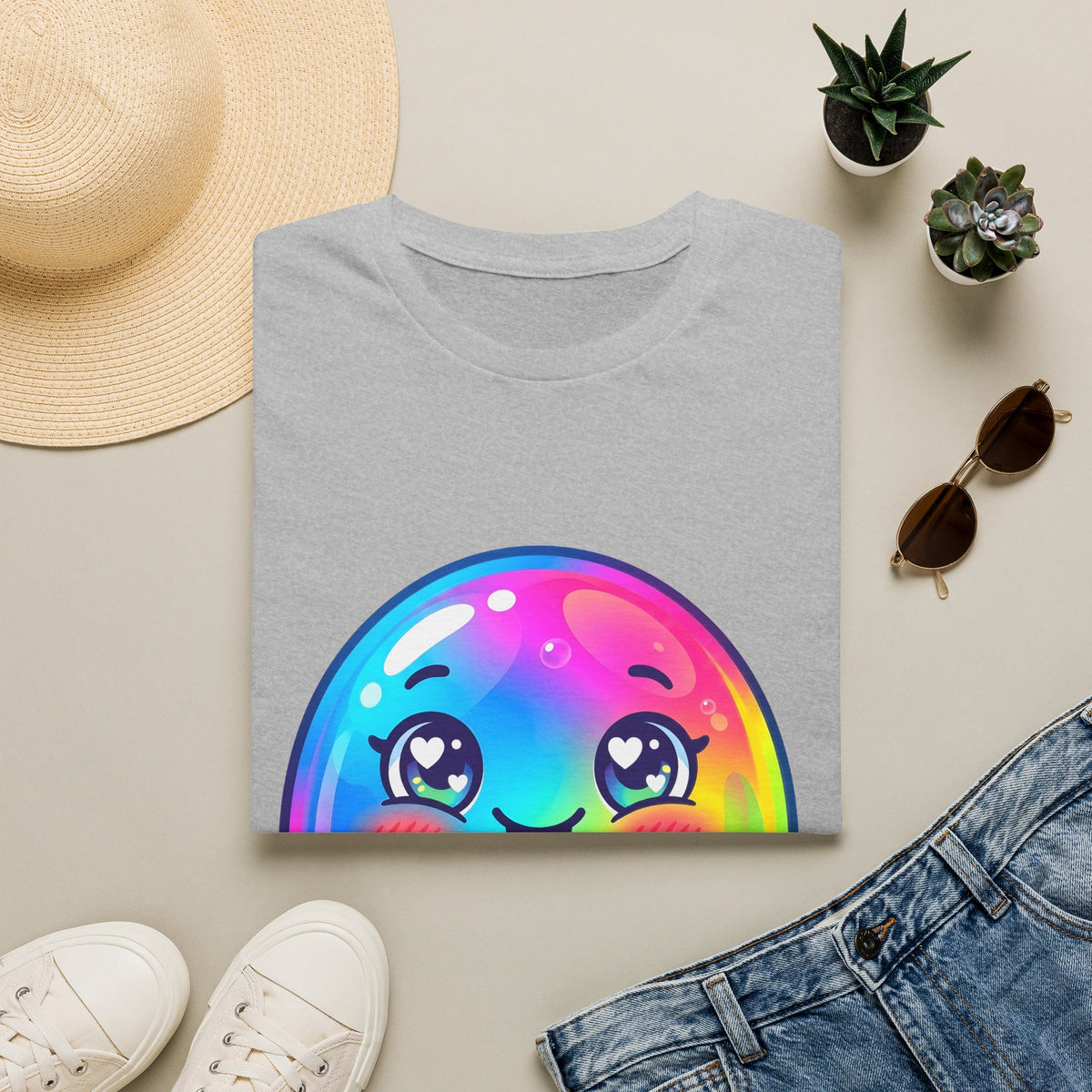Unisex Kawaii T-Shirt - Happy Rainbow Blob Character Tee