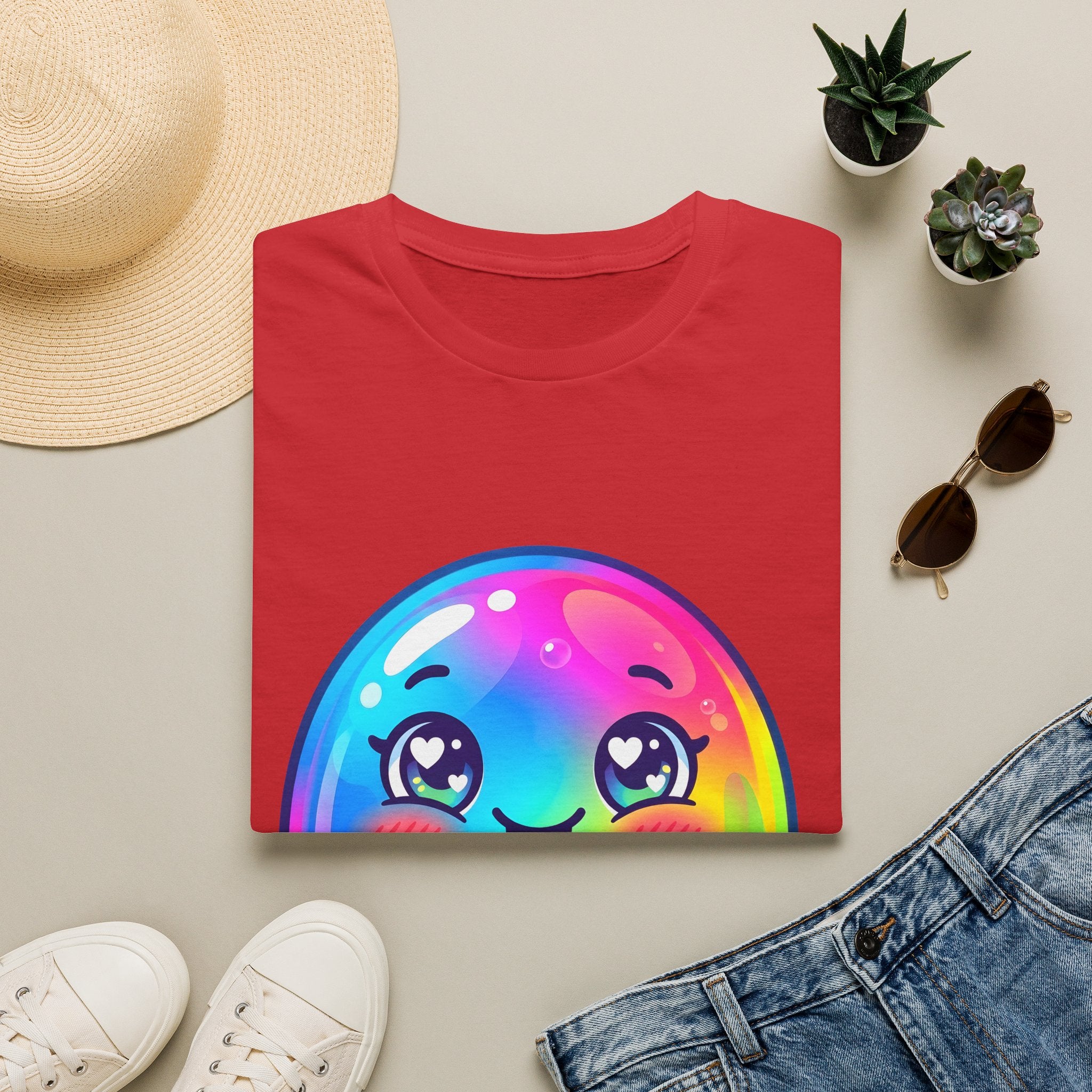 Unisex Kawaii T-Shirt - Happy Rainbow Blob Character Tee