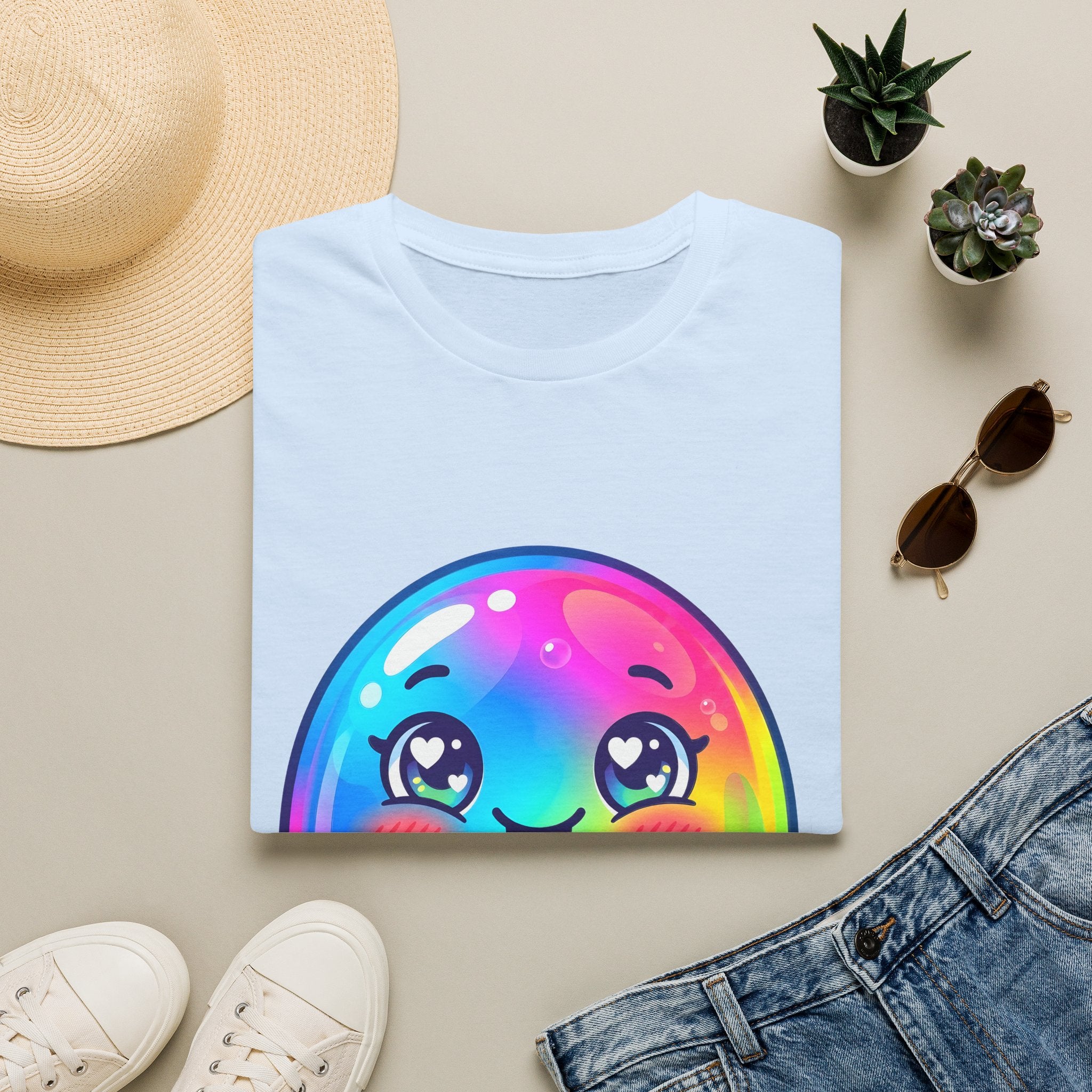 Unisex Kawaii T-Shirt - Happy Rainbow Blob Character Tee