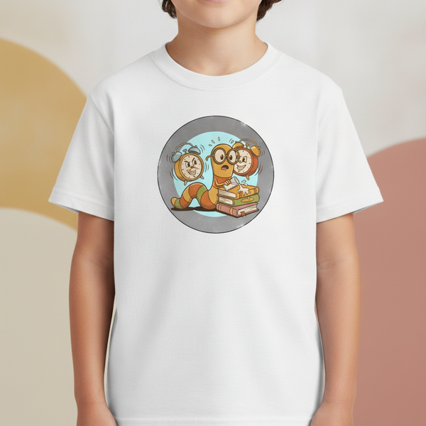 Kids Bookworm Tee - Cartoon Worm Studying Books | Back to School