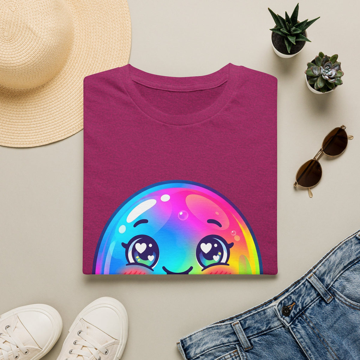Unisex Kawaii T-Shirt - Happy Rainbow Blob Character Tee