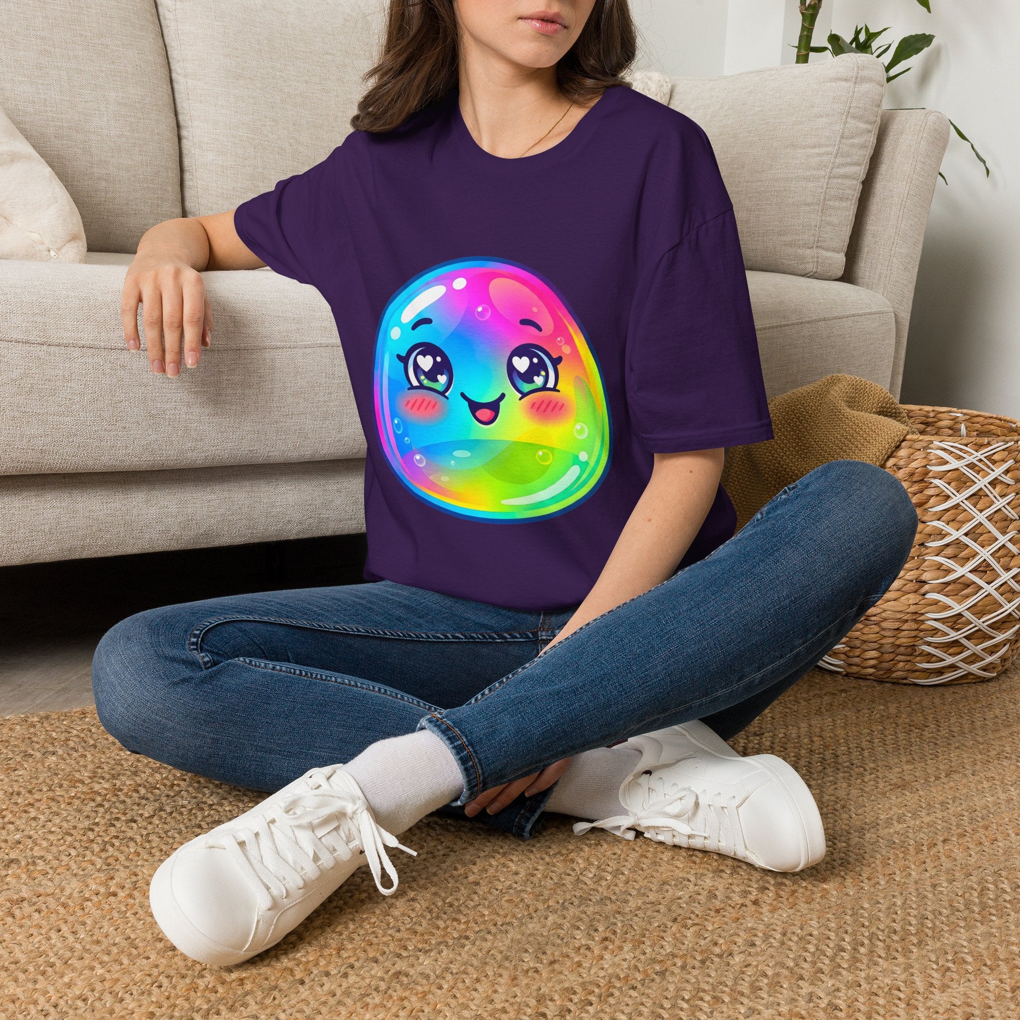 Unisex Kawaii T-Shirt - Happy Rainbow Blob Character Tee