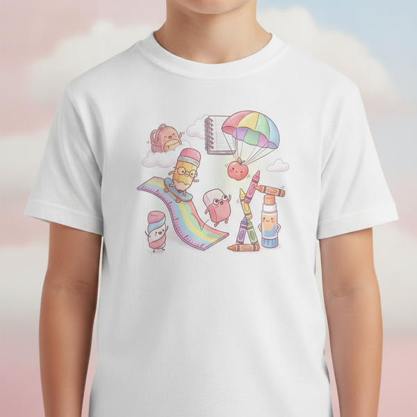 Kids Back to School Tee - Cute Faces School Supplies | Rainbow 2026